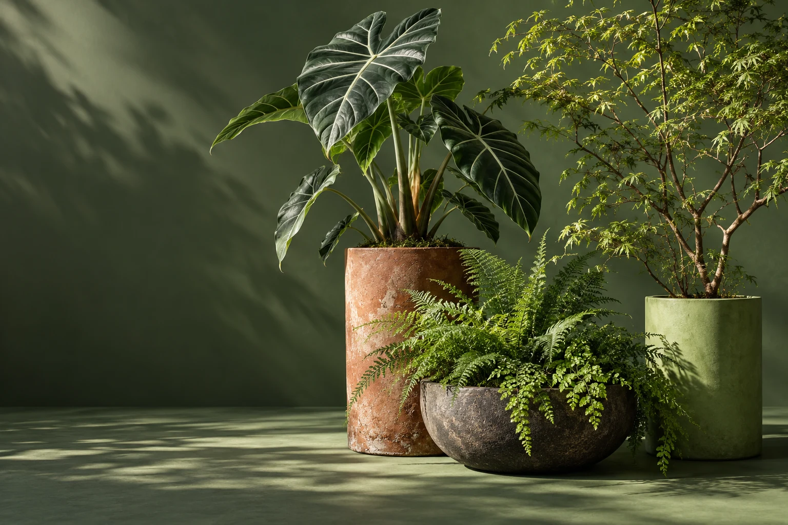 Composición conceptual de plantas y recipientes para ilustrar el diseño vegetal comercial